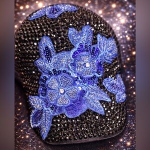 Embellished Black and Blue Floral Women's Hat